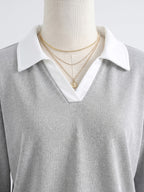 New Arrival with Atmospheric Vibe! V-neck Spliced 2-in-1 Look Polo Collar Casual Sweatshirt, Soft, Skin-Friendly, Loose Fit. Perfect for Street Strolling, Shopping, Dates, and Minimalist Commuting - A Versatile Must-Have Piece - Light Gray And White