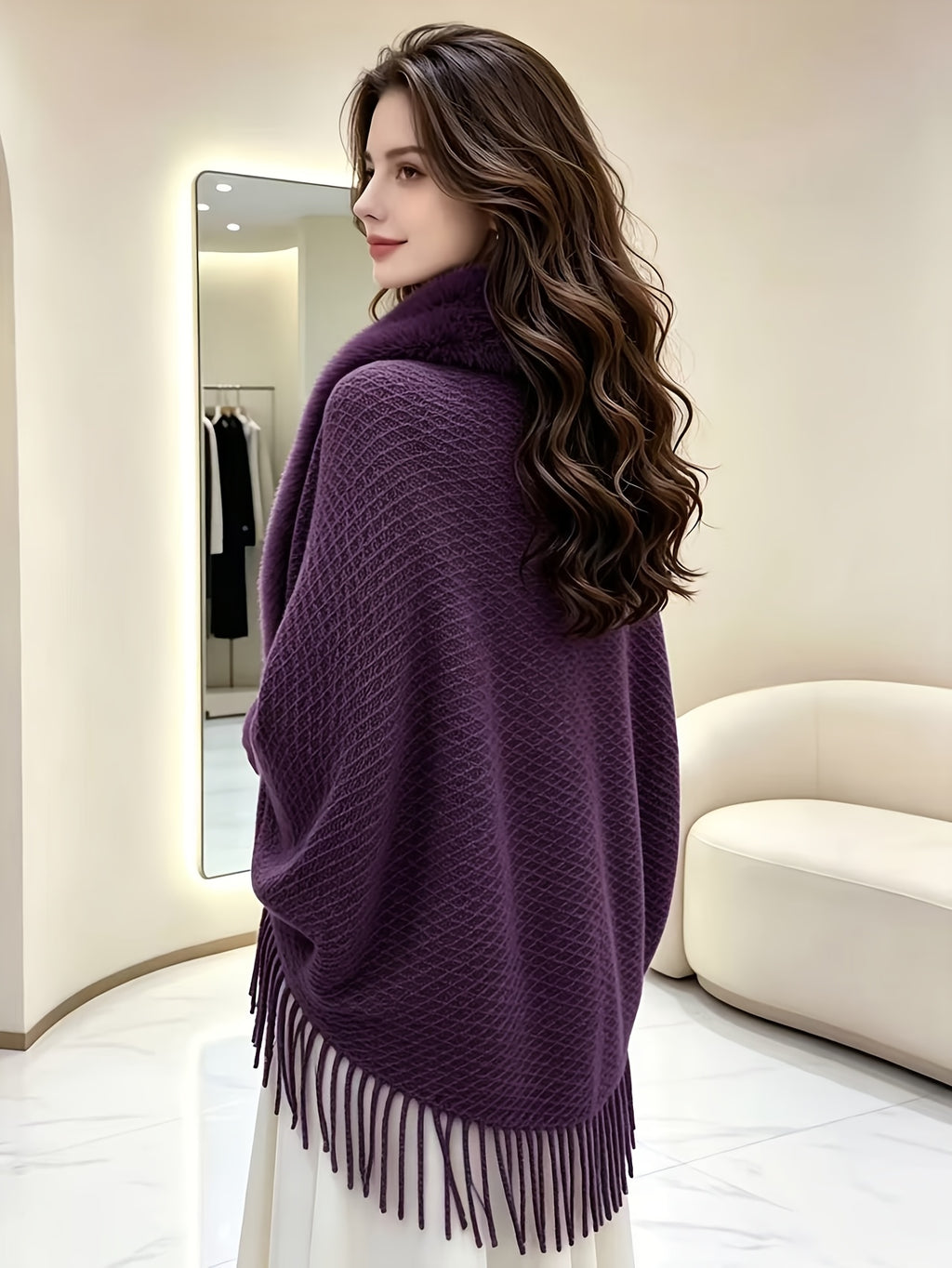 Women'S Open Cardigan, Autumn Winter Elegant Faux, Fringed Cape Scarf Jacket - Lightweight Warm Coat for Parties, Office, Casual Wear - Fashionable Autumn Winter Accessory, Soft Plush Texture, Trendy Scarf, Office Essential - Purple