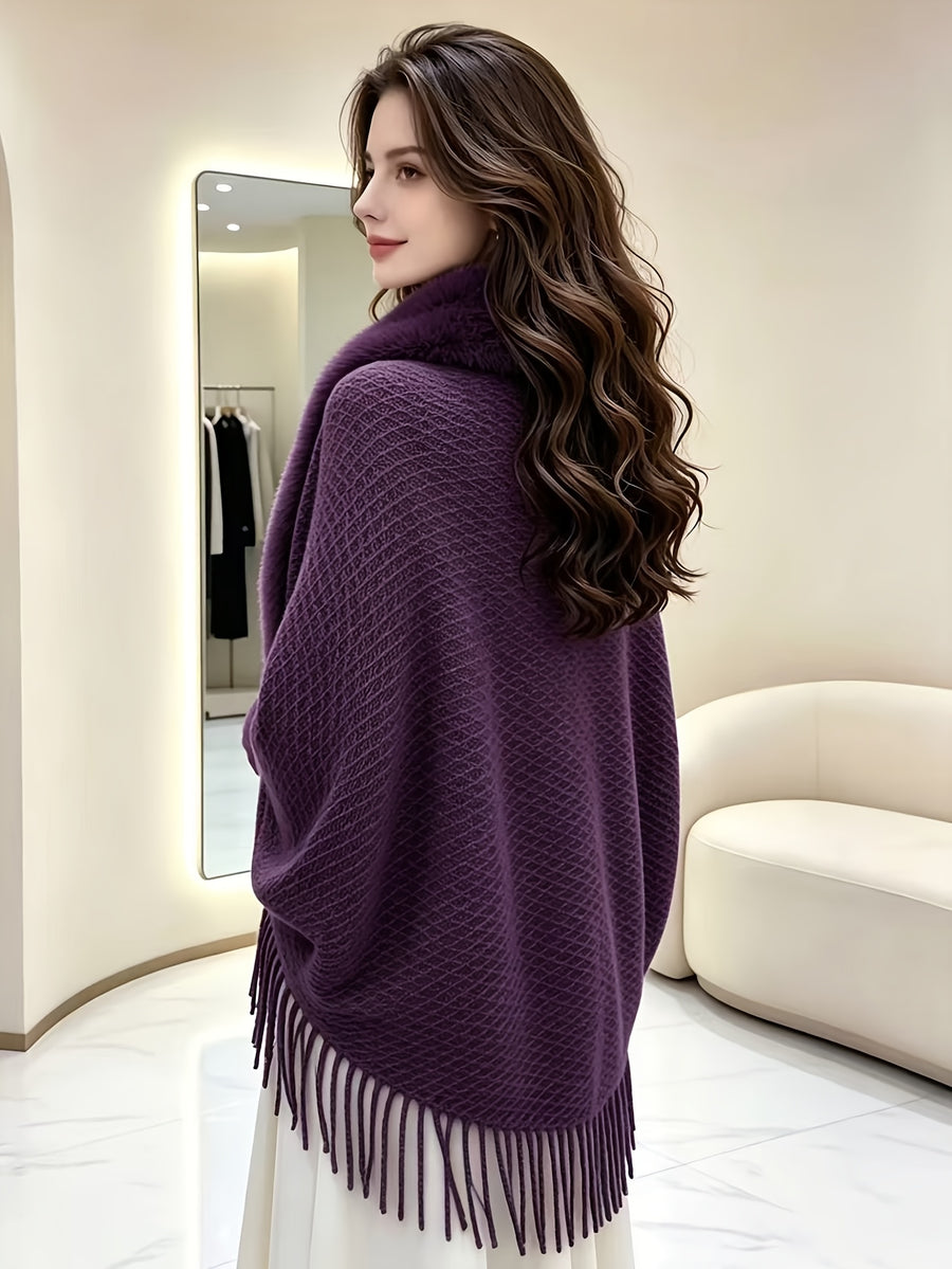 Women'S Open Cardigan, Autumn Winter Elegant Faux, Fringed Cape Scarf Jacket - Lightweight Warm Coat for Parties, Office, Casual Wear - Fashionable Autumn Winter Accessory, Soft Plush Texture, Trendy Scarf, Office Essential - Purple
