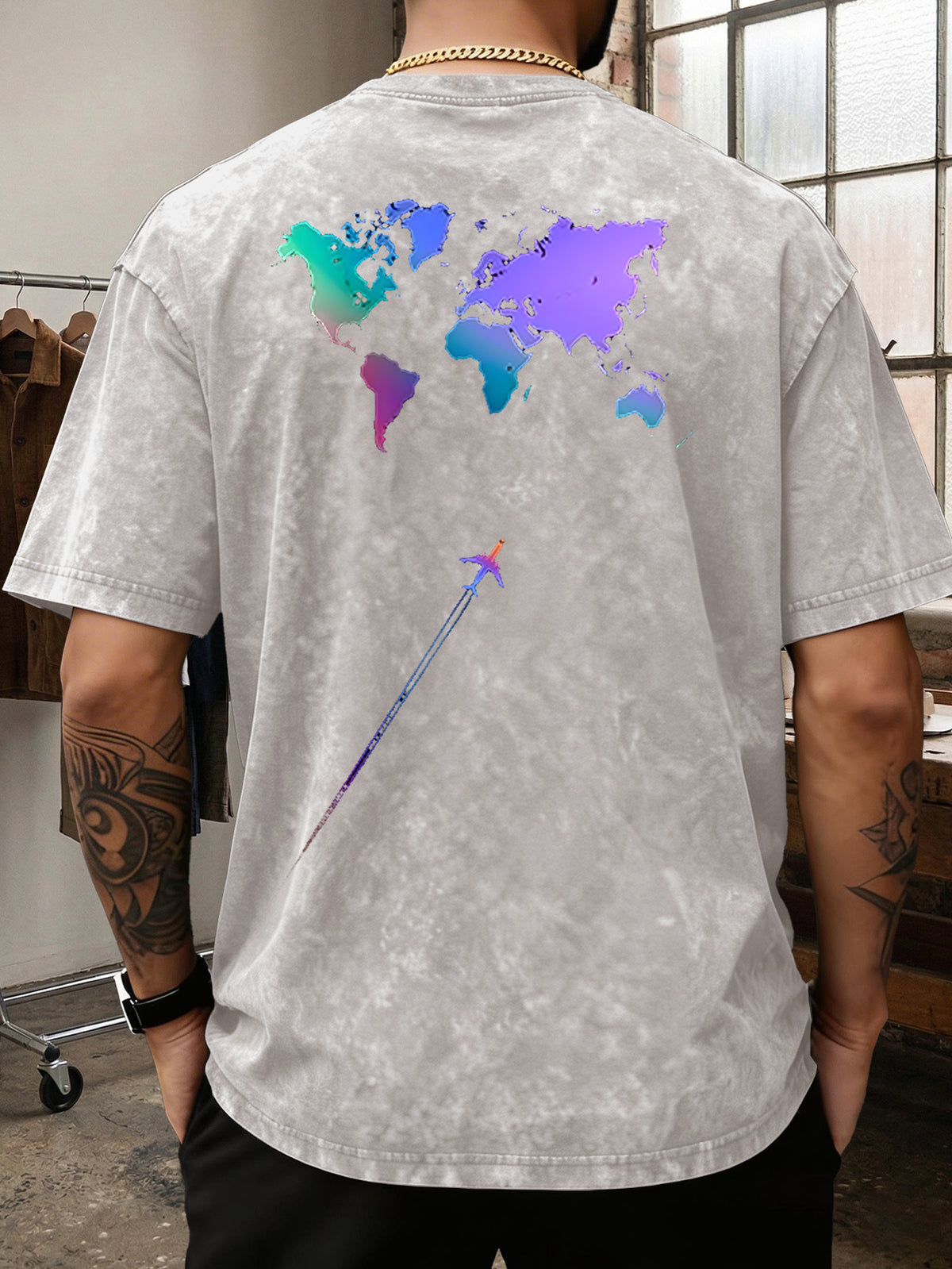 Men's Heavyweight T-Shirt Washed Distressed Gradient World Map Airplane Fashion Print Vintage Heavy Cotton Streetwear High Street Style Summer Casual Versatile Gym Fitness Daily Commute Tee 2026 Urban Fashion - Apricot