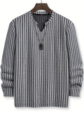 Men's Fashion Casual Knit Sweatshirt with Stand Collar in Black and White Contrast, Suitable for Daily Wear, Commuting, Versatile Fashion, Men's Henley Shirt - White