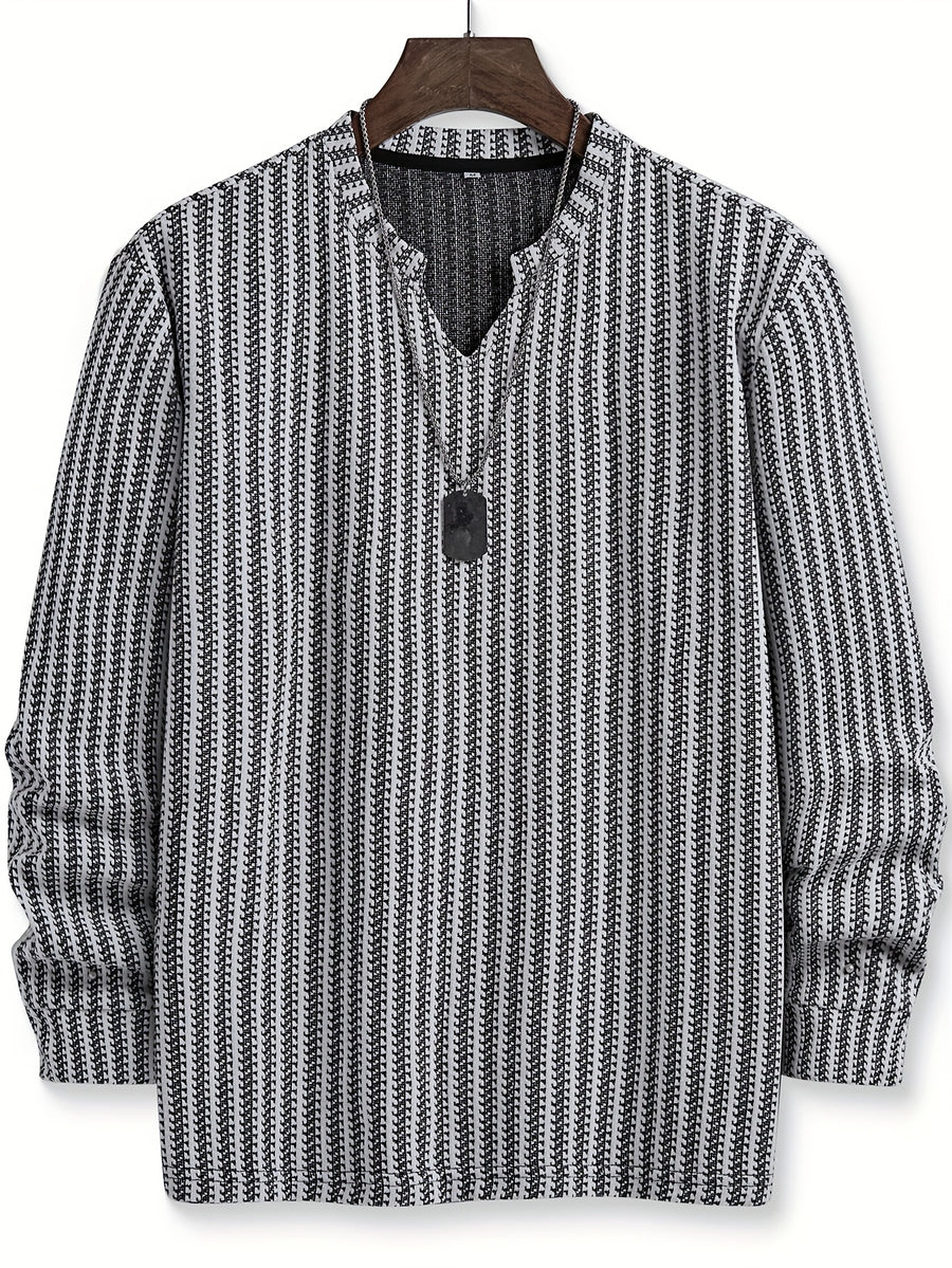 Men's Fashion Casual Knit Sweatshirt with Stand Collar in Black and White Contrast, Suitable for Daily Wear, Commuting, Versatile Fashion, Men's Henley Shirt - White