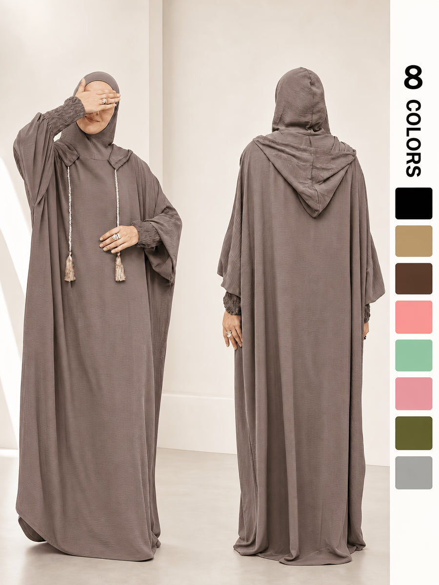 FONSAF - Women'S Hooded Robe - Long Dress in Muslim Style with Adjustable Drawstring Hood; Loose And Comfortable Fit; Ideal for Ramadan Or Eid - Khaki