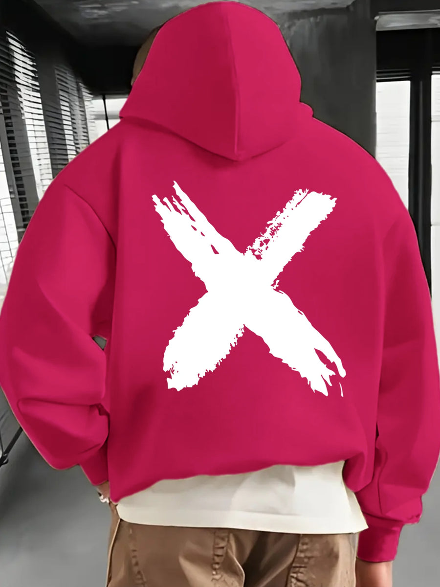 Men's Fashionable Hoodie, Loose-fit Casual Top with "X" Letter Print, Long-sleeve Sweatshirt Featuring a Kangaroo Pocket, Made of Casual Polyester Knit Fabric, Machine Washable, Suitable for Outdoor Casual Wear - Rose Red