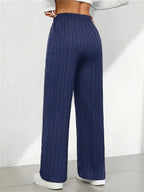 Women's Elegant Straight-leg Trousers with Tree Grain Wrinkle-texture Micro-stretch Fabric, Featuring a Comfortable Elastic Waistband with Drawstring Detail and Side Slant Pockets. Suitable for All Seasons - Navy Color