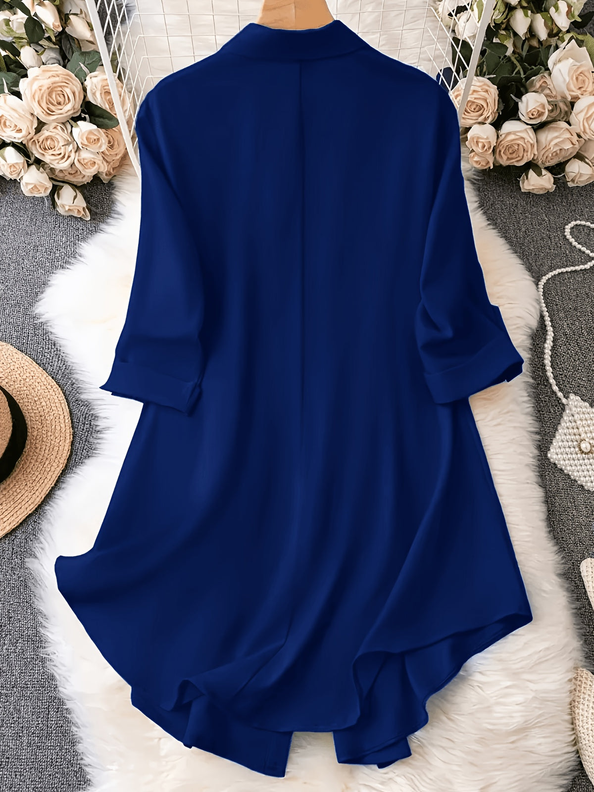 Women's Long Sleeve Casual Loose Fit Shirt Dress - Navy Color
