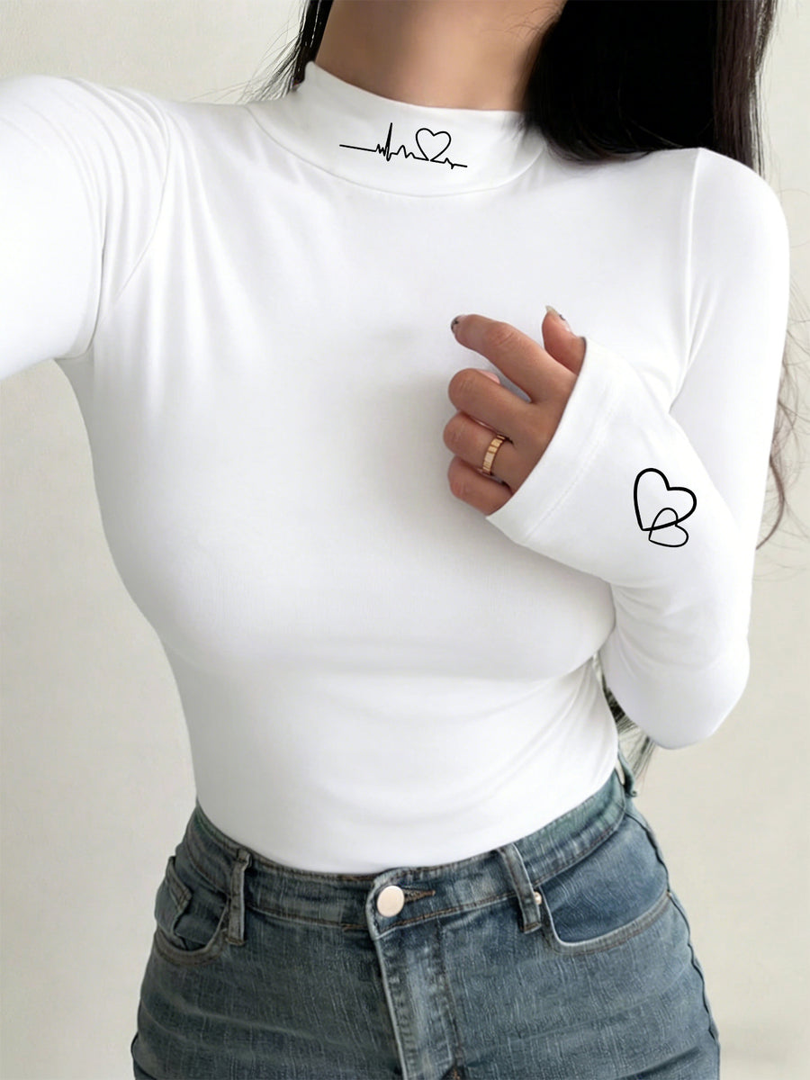 Women's High Neck Slim Fit T-Shirt - Thermal Base Layer Top with Heartbeat Line & Heart Print, Stretch Suitable for Winter Warmth, Machine Washable Layering Shirt, Cold-Resistant High Neck Blouse Style for Daily Wear (No Transparency) - White