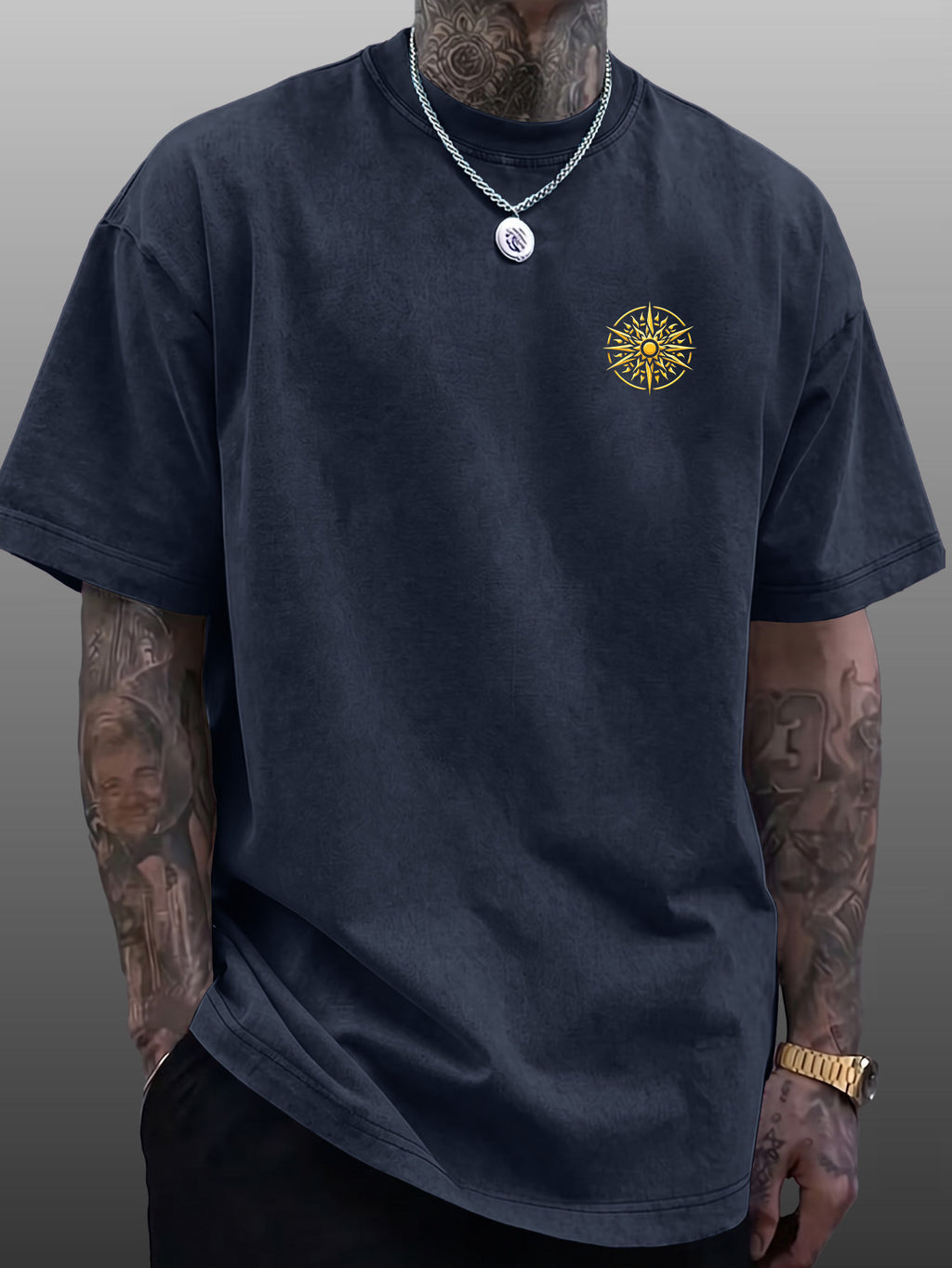 Men's Short-Sleeve T-Shirt, Pure Cotton Loose Fit Washed Distressed Top, Golden Compass Sun Pattern Trendy Reversible Double-Sided Print, Multiple Colors for  Mix & Match, American Streetwear High Street Hip-Hop Style, for Daily Outings - Navy Color