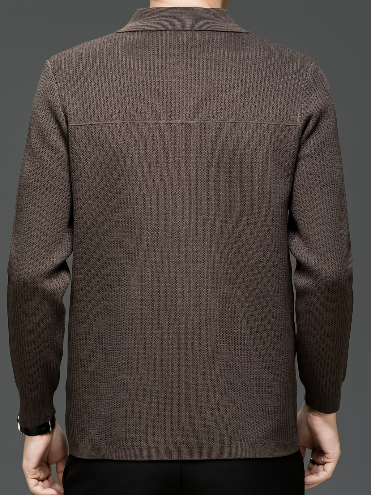 Du Jing Lan OBM Spring/Autumn New Arrival Men's Knitted Cardigan, Old Money Style Solid Color Striped Zipper Front Lapel Knit Cardigan, Men's Business Casual Fashion Zipper Front Knit Cardigan Top, Suitable for Spring, Autumn, and Winter - Coffee Color