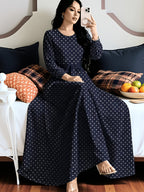 Polka Dot Printed Women'S Fashion Dress with Round Neck, Long Sleeves, Belted Waist Design, Elegant Long Dress Suitable for Spring And Autumn, Perfect for Festivals And Travel - Navy Color