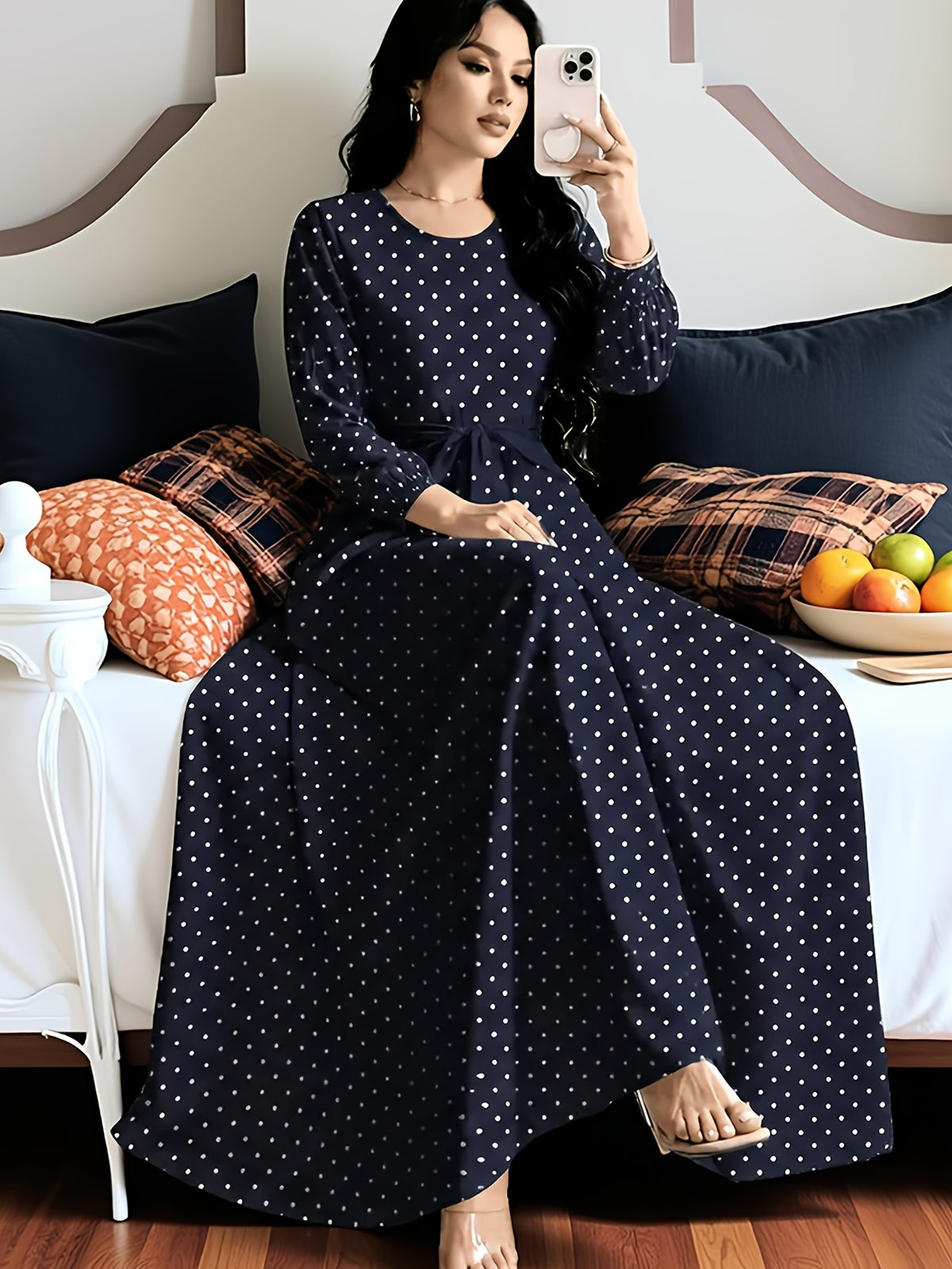 Polka Dot Printed Women'S Fashion Dress with Round Neck, Long Sleeves, Belted Waist Design, Elegant Long Dress Suitable for Spring And Autumn, Perfect for Festivals And Travel - Navy Color