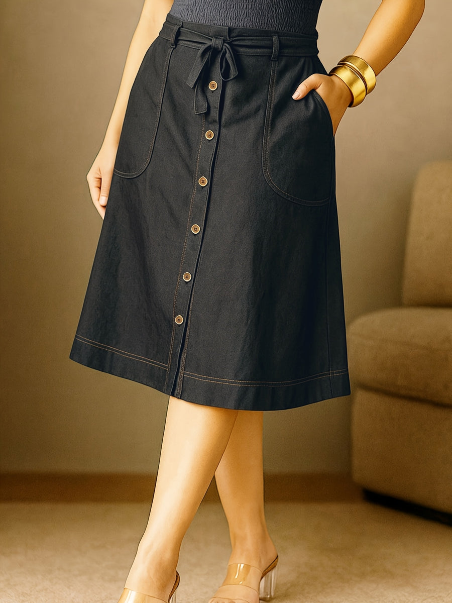 Women'S Fashion Commuter Versatile A-Line Midi Skirt, High-Waist Tie-Front Button-Up Skirt with Pockets - Black