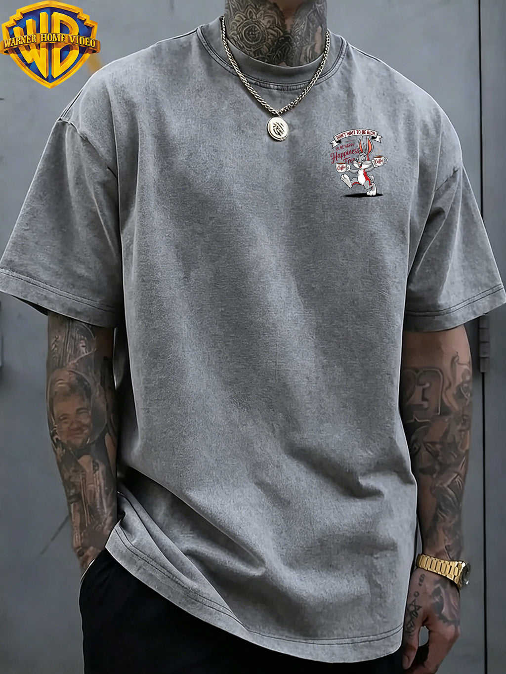 Warner Bros. Officially Authorizes Joyful Cartoon Rabbit Handheld Two Cups of Coffee Printed Retro Washed Outdated Short Sleeve T-Shirt for Men And Women, Machine Washable Daily Commuter Outdoor Sports And Leisure Top - Grey