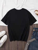 Pattern Print Short Sleeve, Casual Round Neck T-Shirt, Standard Size Women's - Black