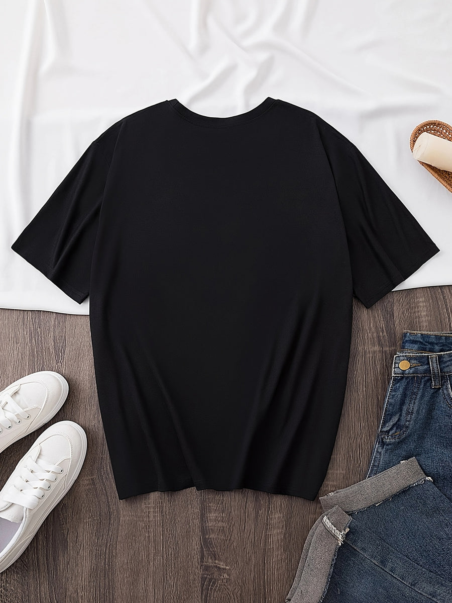Pattern Print Short Sleeve, Casual Round Neck T-Shirt, Standard Size Women's - Black