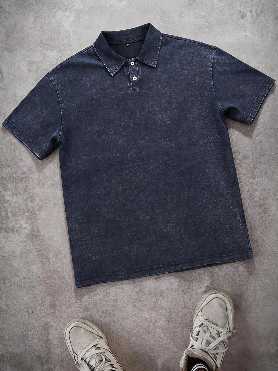 American Vintage Washed Distressed Heavyweight Polo Short Sleeve Men's Spring/Summer Streetwear Brand Loose Fit Versatile Short Sleeve Lapel T-Shirt Casual Street Top - Purplish Blue