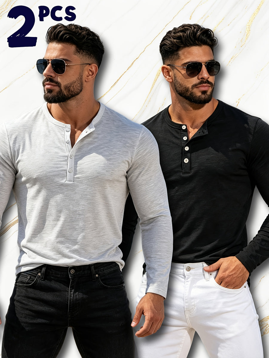 2pcs New Men's Fashionable Sporty Long-Sleeve Pure Cotton Henley Button-Up Shirt, Spring/Autumn Casual, Comfortable, Soft, Trendy, Simple, High-End, Versatile, and Refreshing - Mixed Color 3