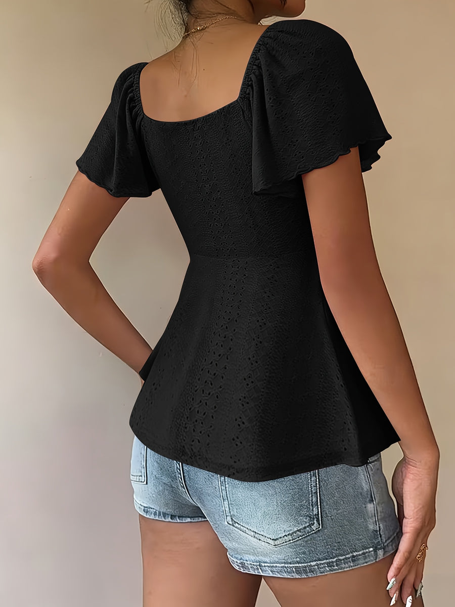 Fashionable and Elegant Spring/Summer New Arrival Y2K Solid Color Jacquard Comfortable and Breathable V-Neck Drawstring Short Sleeve Top Women's T-Shirt - Black