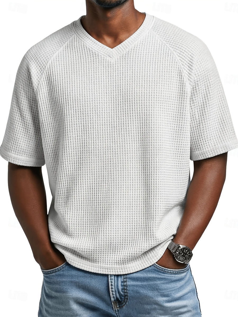 Men's Fashion Waffle Knit Raglan Sleeve V-Neck Short Sleeve Shirt, Men's V-Neck Short Sleeve T-Shirt, Chest Badge with Contrast Color Label, Stylish and Aesthetic - White