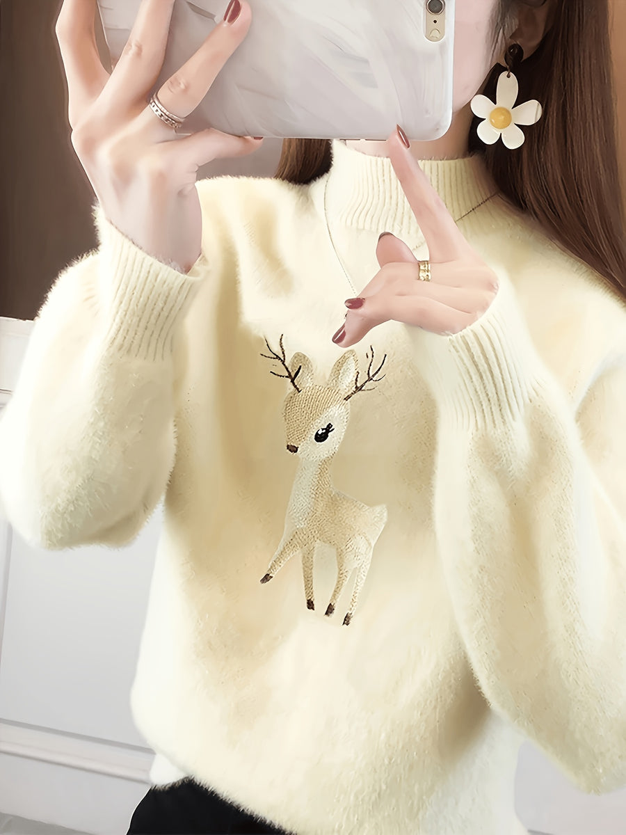Christmas Autumn Winter High Quality Sweater Women'S Embroidery Long Sleeve Thickened Pullover Base - Apricot