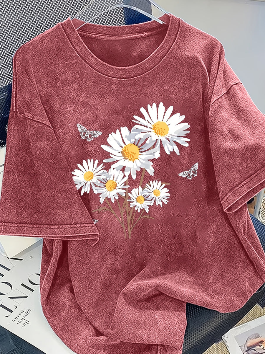 Plus Size - Plus Size - Plus Size Daisy Print Crew Neck Short Sleeve Retro Casual Everyday Washed T-Shirt Top | Slight Stretch Fabric, Summer Season - Red