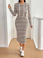 YY0615059 Elegant Classic Striped Long Sleeve Hooded Dress for Women, Suitable for Spring And Autumn Commute - Brown And White