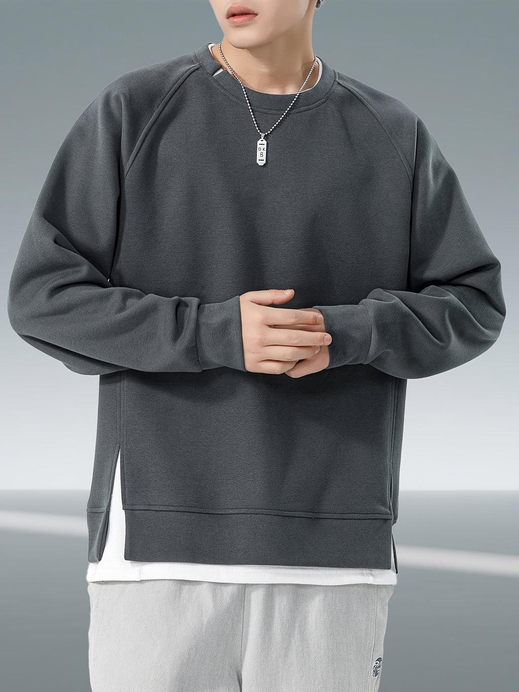 Autumn And Winter New Men'S Heavyweight 350G Fake Two-Piece Crew Neck Sweatshirt, Fashionable Raglan Sleeve Versatile Pullover, Loose Blend 67% + 33% Fiber Sports Sweatshirt - Dark Gray