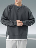 Autumn And Winter New Men'S Heavyweight 350G Fake Two-Piece Crew Neck Sweatshirt, Fashionable Raglan Sleeve Versatile Pullover, Loose Blend 67% + 33% Fiber Sports Sweatshirt - Dark Gray