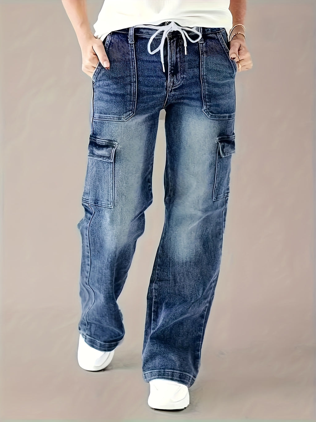 High Stretch Cargo Pants with Drawstring And Multiple Pockets | Casual Solid Color, All-Season Wear Denim Jeans - Sea Blue