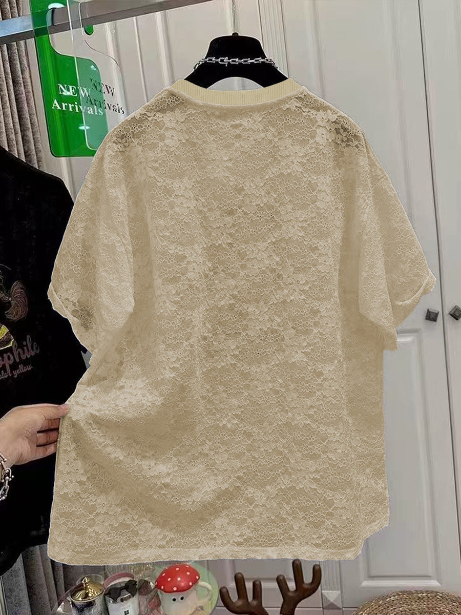 Trendy Spring/Summer Casual Street Sweatshirt, Sexy Preppy Style Round Neck Loose Number Print Lace Style Women'S T-Shirt - Khaki