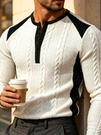 [Joximei OBM] Western Hardman Style Men'S Jacquard Henley Long Sleeve T-Shirt, Shoulder Side Color-Block Patchwork Knit Top, Home Casual Weekend Outing Base Layer, Surprise Gift for Men - White