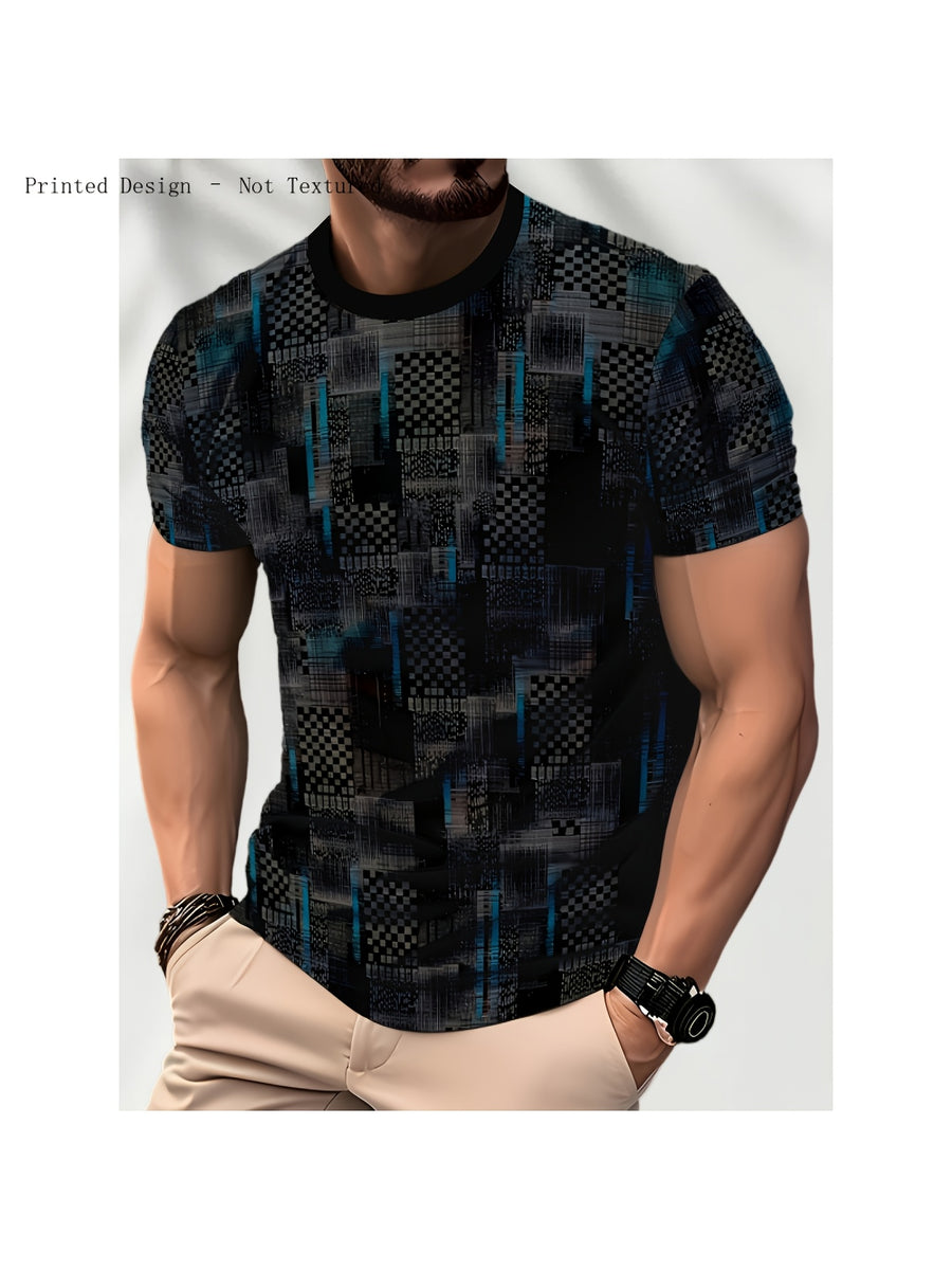 2026 Men'S All-Match Breathable Comfortable New Casual Top, Black Gray Blue Plaid Patchwork Print T-Shirt, Men'S Round Neck Short Sleeve Business Casual Top, Low-Key Premium, Plaid Patchwork, Abstract Lines, Dark Tone Texture, Daily Casual Wear - Mixed colors