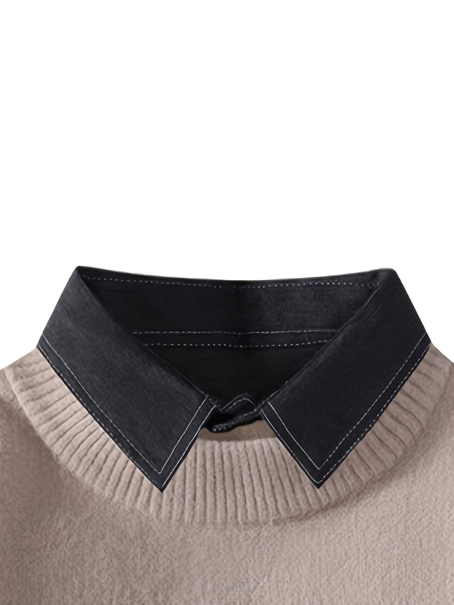New Autumn And Winter Styles for Young Men'S Lapel Fake Two-Piece Knitted Sweater, Warm Sweater, Fashionable, Casual And Versatile - Khaki