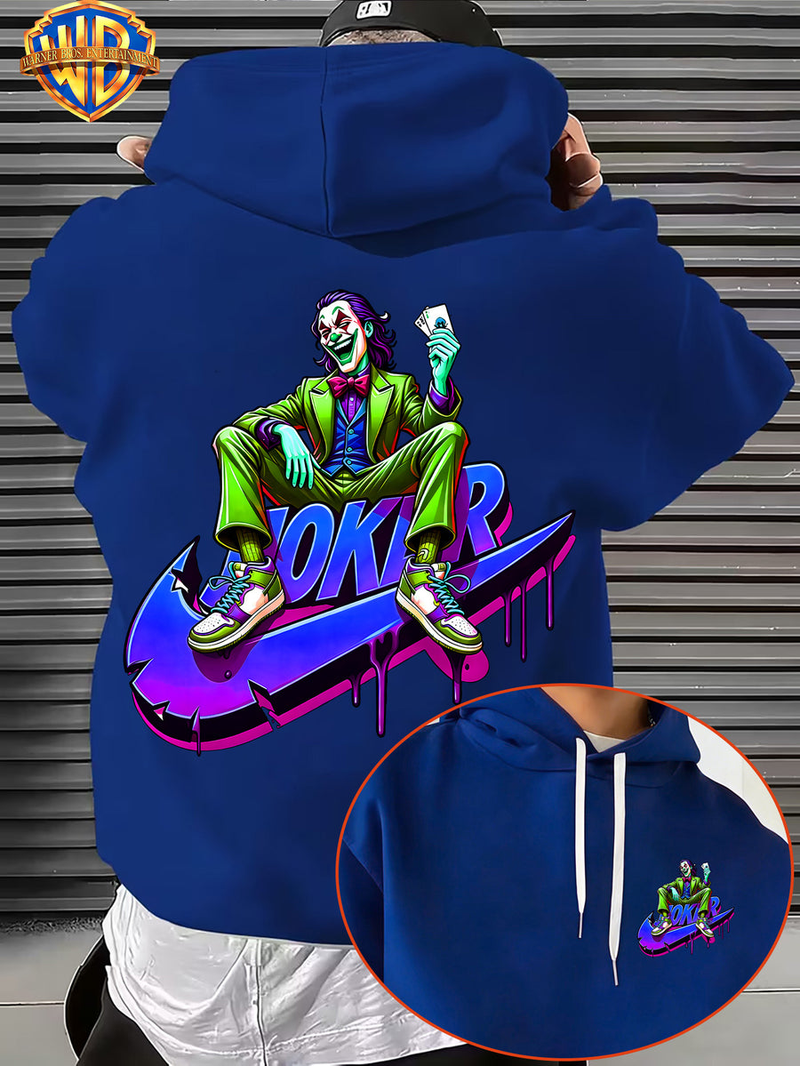 Warner Bros. Licensed, Purple Blue Neon Fluid Droplet Green Suit Bow Tie Licensed Clown Trendy Cool Print Men'S Fashion Hooded Sweatshirt, Sleeve Print Design, Kangaroo Pocket, Drawstring Hood, Suitable for Casual Wear And Outdoor Activities - Blue