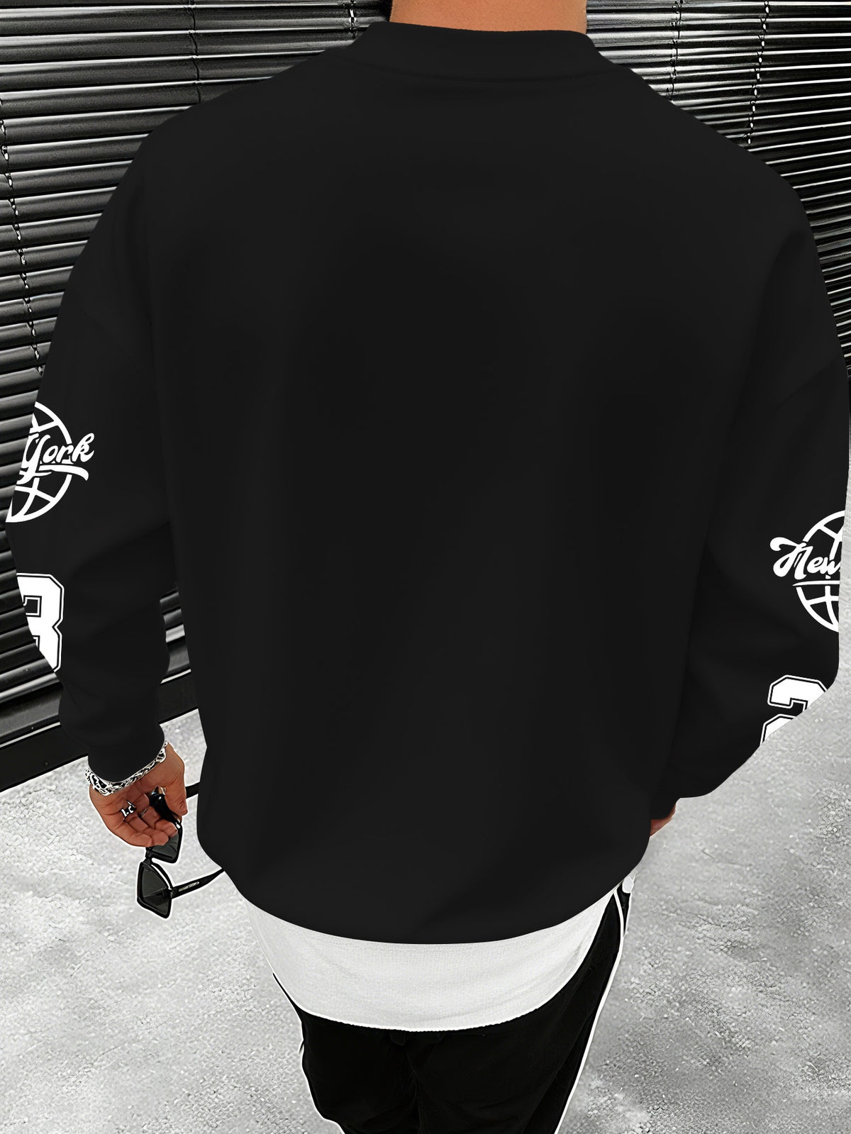 Men'S Fashion Casual "Brooklyn Victory" Letter Print Sweatshirt, Polyester Fabric, Loose Fit, Versatile Men'S Sweatshirt - Ebony