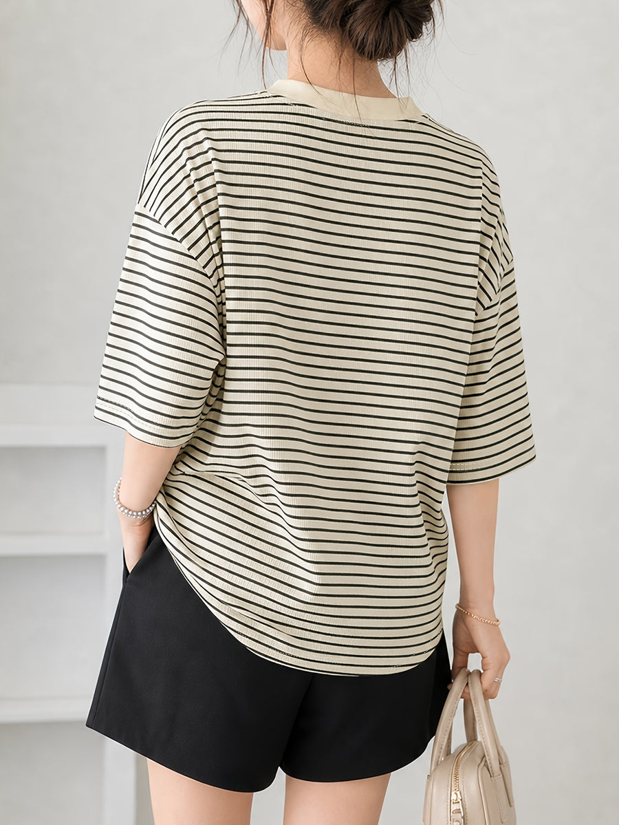 Spring Summer Women'S Fashion Half-Zip Stand Collar Ribbed Fabric Easy Casual Style Daily Commute Top - Apricot
