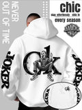 Men'S Hooded Sweatshirt, Western Trendy Cool Black And White Sketch Joker Theme Print, Sleeves with Same Series Splatter Art Lettering, Breathable And Skin-Friendly Fabric, Showcasing ' Fashion Sense, Ideal Gift for Holidays And Birthdays - White