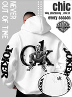 Men'S Hooded Sweatshirt, Western Trendy Cool Black And White Sketch Joker Theme Print, Sleeves with Same Series Splatter Art Lettering, Breathable And Skin-Friendly Fabric, Showcasing ' Fashion Sense, Ideal Gift for Holidays And Birthdays - White