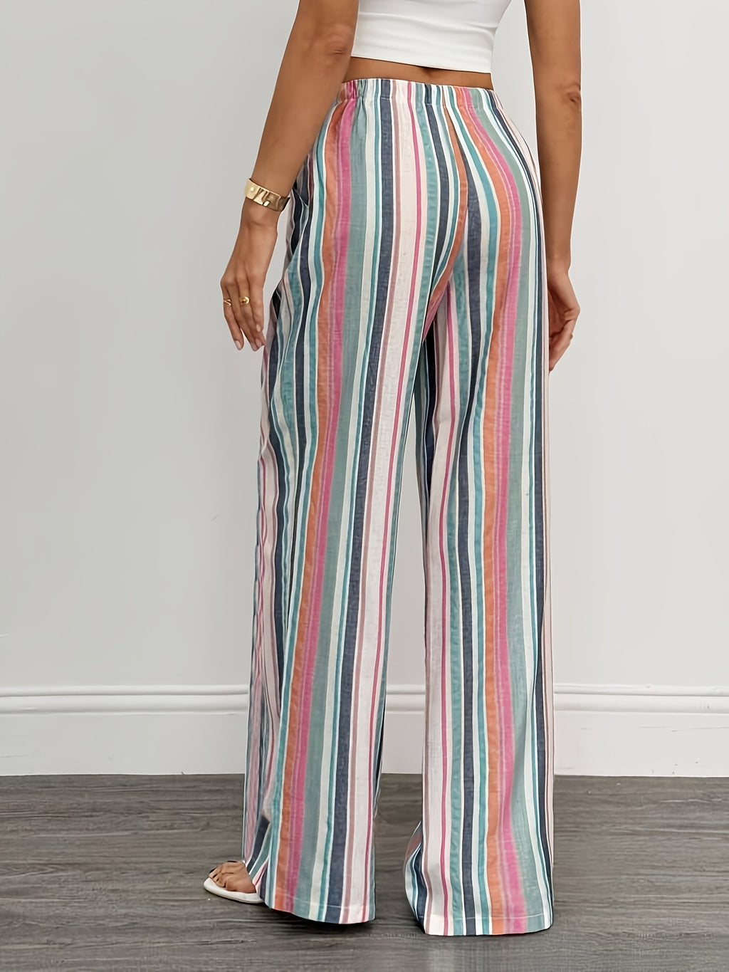 Women's High-Waist Fashionable Color-Striped Wide-Leg Casual Drawstring Straight-Leg Pants, Elegant Wide-Leg Trousers Suitable for Spring, Summer, Autumn, and All Seasons - Mixed colors