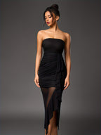 Black Midi Dress with a Strapless, Backless Design Featuring Mesh, Off-Shoulder Ruffles, And Ruched Details, Perfect for Parties And Clubs - Black