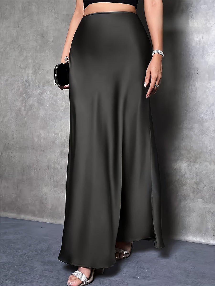 Elegant Women's Long Skirt - Satin Jersey Fabric with a Satin Finish, Perfect for Christmas & Valentine's Day Date Outfits, Suitable for Autumn/Winter Holiday Parties and Commuting, Machine Washable Light Luxury Design, High-End and Graceful - Black