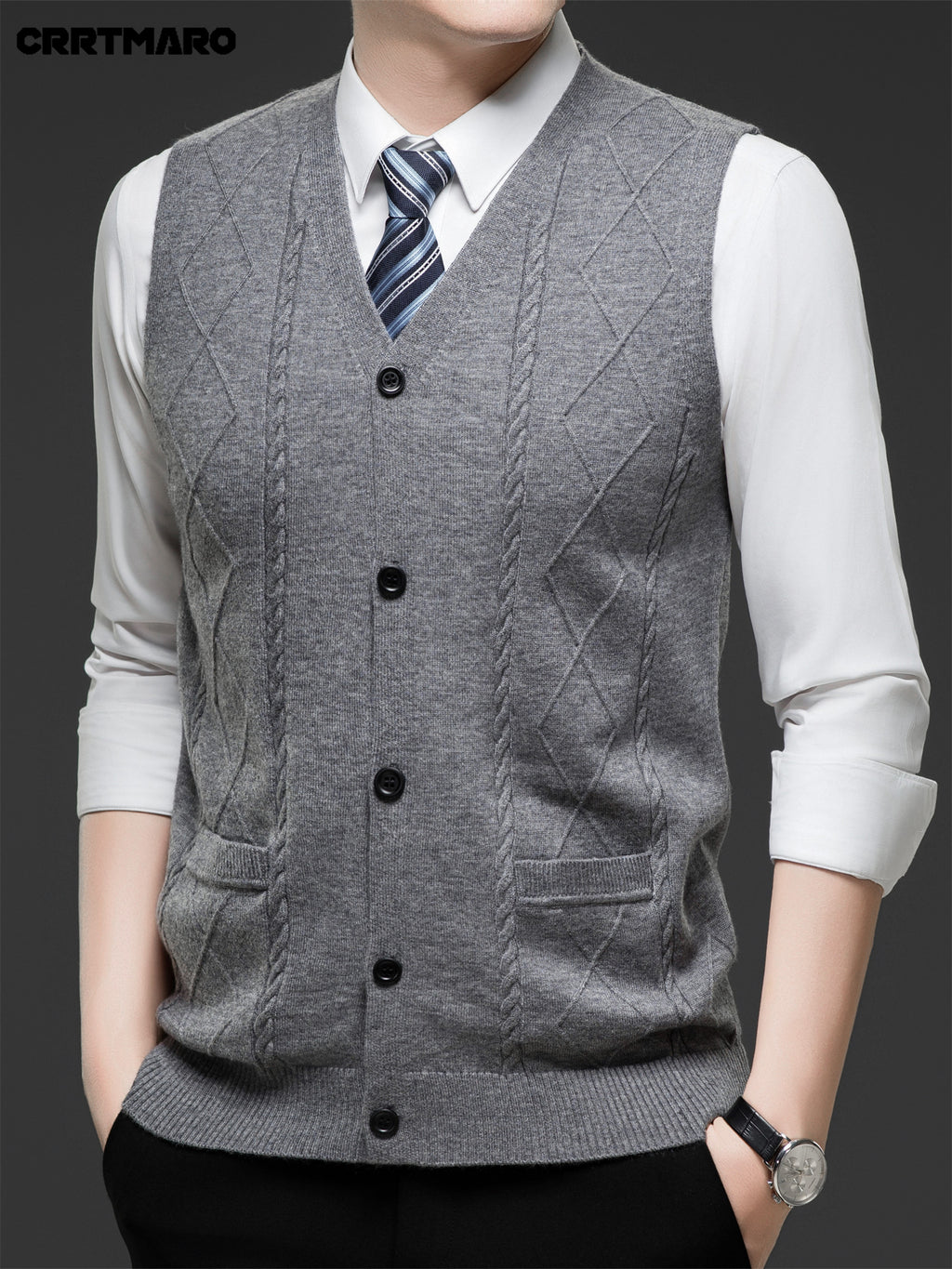Men's Jacquard, Solid Color Knit Cardigan, Warm Casual Layering Top for Fall and Winter - Medium Gray