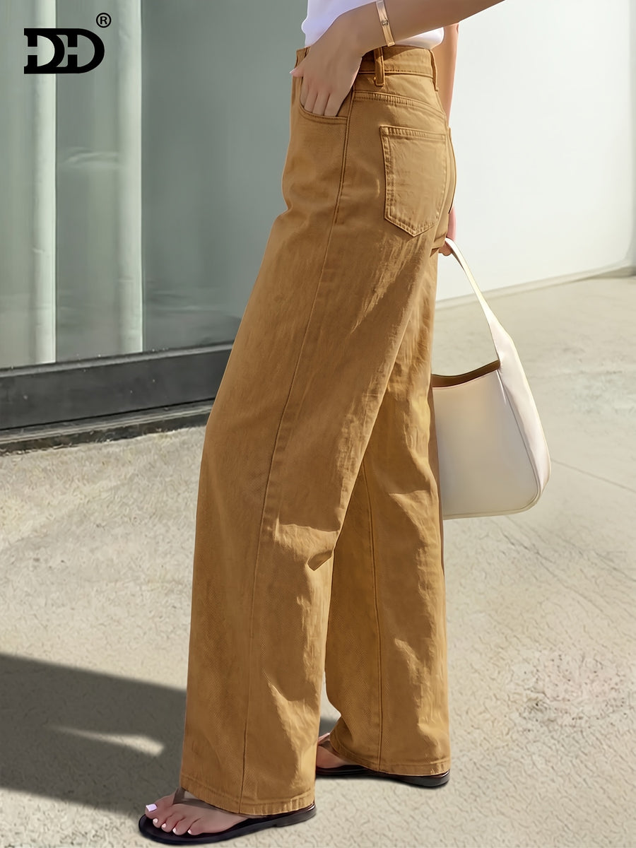Women's 2026 New Stretch Wide-Leg Jeans - Loose-Fitting Straight-Leg Solid-Color Denim Pants in Brown Denim Fabric, Mid-Rise Comfort Trousers, Understated Luxe Style Women's Apparel, Ideal Casual Pants for Home and Travel. - Sepia