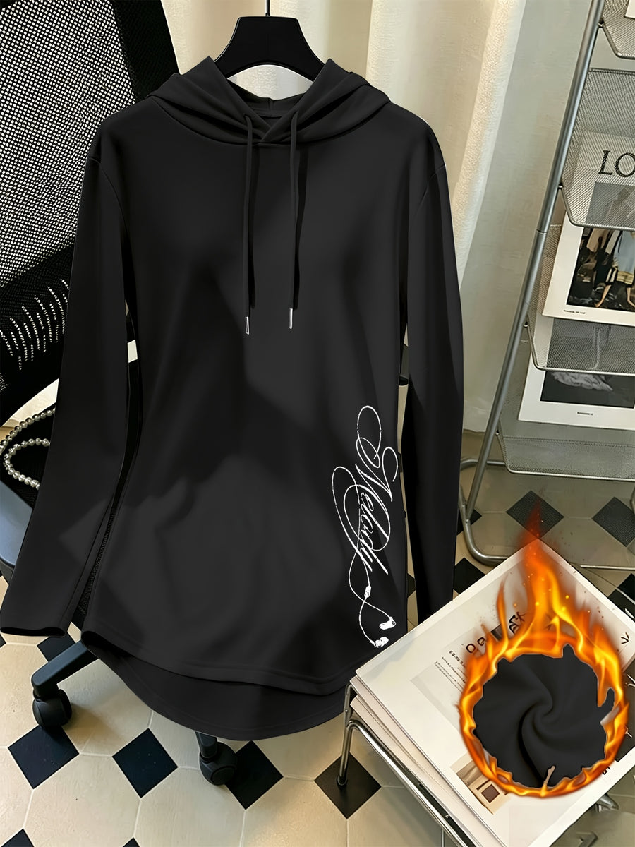 Mid-Length Hooded Sweatshirt for Women, Loose Hip-Covering Letter Print Drawstring Pullover Top - Black