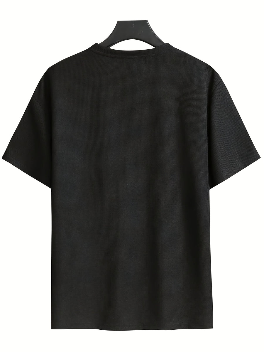 Men's Waffle-Knit Short Sleeve T-Shirt - Breathable Base Layer & Casual Round Neck Pocket Tee, Solid Color Suitable for Gym, Casual Attire, Machine Washable, Spring/Summer Layering Shirt, High-Fit Rate for Lifestyles - Black+Navy Blue