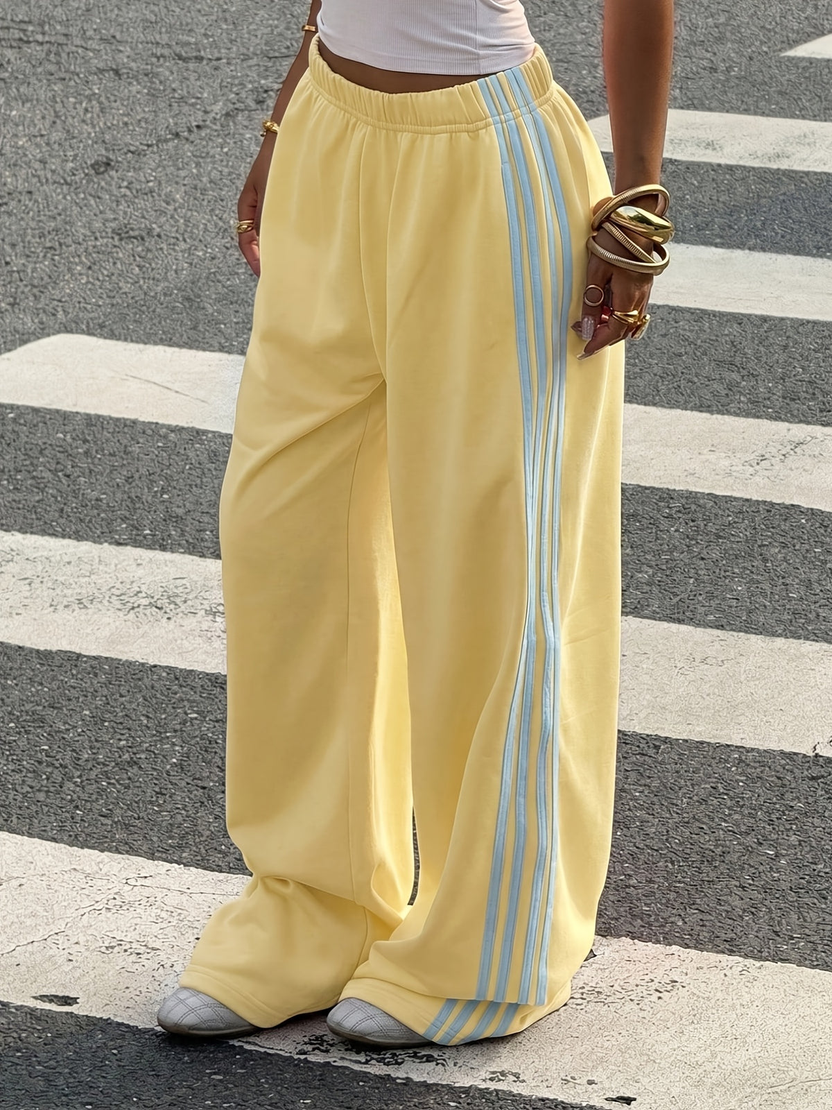 Women'S Contrast Color Casual Loose Joggers, Suitable for Back-To- And Daily Autumn/Winter Wear - Yellow/light blue