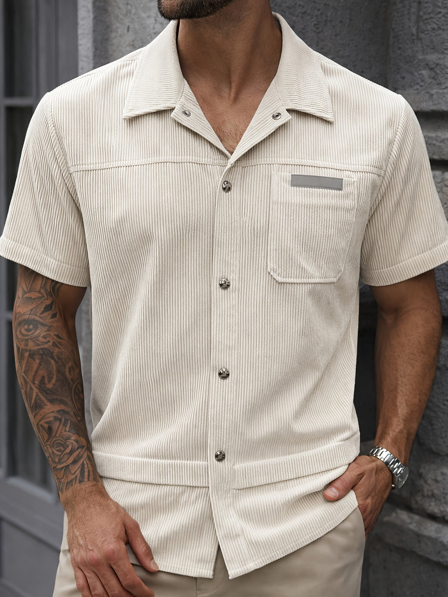 Men'S New Corduroy Short Sleeve Shirt Top, Retro Lapel Workwear Style, Soft And Skin-Friendly Fabric, Breathable And Non-Stuffy, Metallic Button Detail, Casual Commute Versatile, Loose Fit for All Body Types, Solid Color Easy Premium Feel! - Apricot