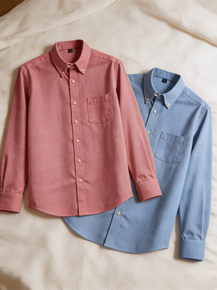 1+1 2pcs Classic Men's Oxford Plain Color Shirt, Long Sleeve Spring/Autumn Pocket Lapel Shirt for Casual Daily Outings - Red+Blue