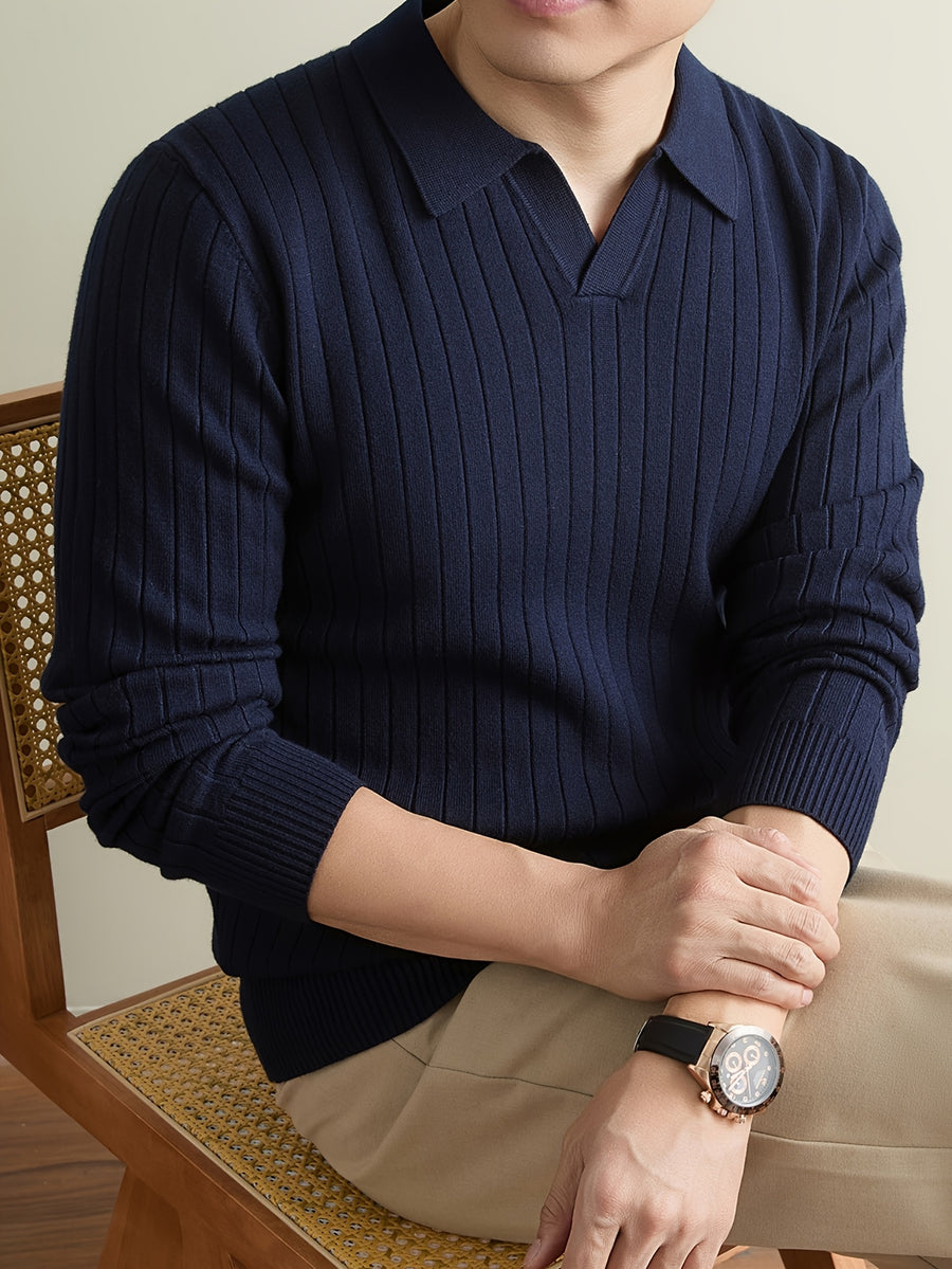 Autumn Winter Men'S Sweater, Lapel Men'S Long Sleeve Sweater, Casual Solid Color Pinstripe Seagull Collar Knit Warm Pullover POLO Shirt, Daily Commute Outdoor Holiday Wear POLO Shirt Sweater - Navy Color