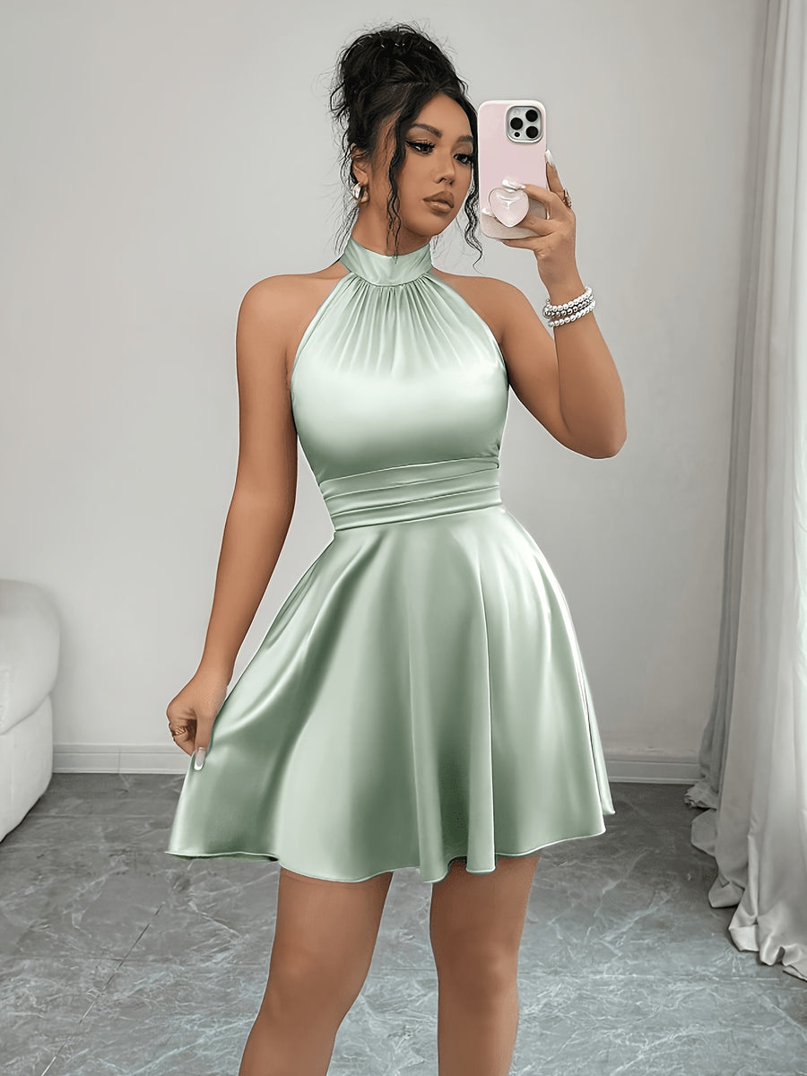 Ladies Pea Green, Fashionable Luxurious Elegant Sexy Green Satin Tie-Back Backless Mini Dress, Daily Outings, Formal Banquets, Dates, Parties, Weddings, Festivals, Spring And Summer Short Skirts, Vacations, Summer Holidays - Light Green